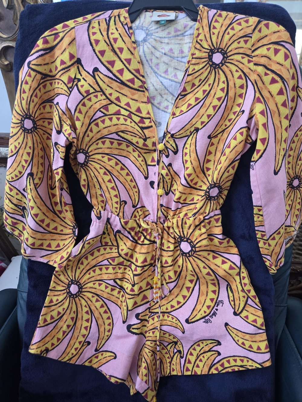 FARM RIO Pink and Yellow Tropical Banana Leaf Romper, SIZE XS